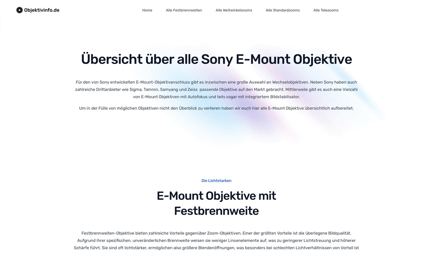 Objektivinfo.de - Übersicht über alle E-Mount Objektive